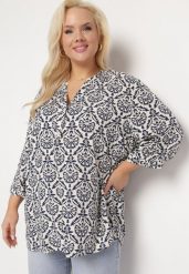Biało-Granatowa Bluzka z Wiskozy z Rękawem 3/4 i Ornamentalnym Wzorem Belloma. Białe bluzki Born2be, xl, bez wzorów, z tkaniny, bez kołnierzyka, bez ramiączek. Za 99.99 zł.