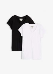 T-shirt z czystej bawełny organicznej (2 szt.). Czarne t-shirty bonprix, bez wzorów, z bawełny, bez kołnierzyka, bez ramiączek. Za 67.99 zł.