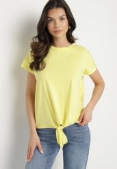 Żółty T-shirt z Bawełny z Ozdobnym Wiązaniem Sunitra. Żółte t-shirty Born2be, l, bez wzorów, z bawełny, klasyczne, bez kołnierzyka, bez ramiączek. W wyprzedaży za 29.74 zł.