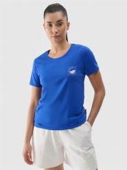 4F T-shirt regular z nadrukiem damski - niebieski XS. Niebieskie t-shirty 4f, xs, bez wzorów, z bawełny, klasyczne, bez kołnierzyka, bez ramiączek. W wyprzedaży za 29.99 zł.