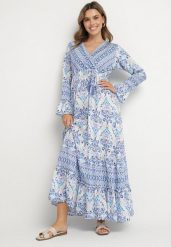 Niebieska Sukienka w Stylu Boho z Kopertowym Dekoltem z Bawełny i Wiskozy Soderia. Niebieskie sukienki Born2be, na co dzień, l, bez wzorów, z bawełny, boho, bez kołnierzyka, bez ramiączek, maxi, kopertowe. W wyprzedaży za 110.49 zł.