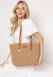 Ciemnobeżowa Torebka Shopper z Plecionki z Rączkami z Ekoskóry Buxara. Brązowe shopper bag Born2be, bez wzorów, eleganckie, bez dodatków. Za 149.99 zł.