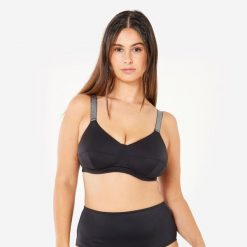 Góra kostiumu kąpielowego surfingowego damska Olaian Astrid. Czarne bikini OLAIAN, bez wzorów, z elastanu, sportowe. W wyprzedaży za 89.99 zł.