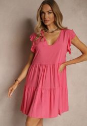 Różowa Bawełniana Sukienka Rozkloszowana z Falbankami Mirlio. Czerwone sukienki Renee, na co dzień, l, bez wzorów, z bawełny, eleganckie, bez kołnierzyka, bez ramiączek, mini, kopertowe. W wyprzedaży za 39.99 zł.