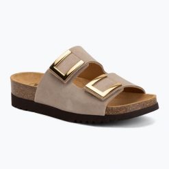 Klapki damskie Scholl Montery 2 Straps Ad Med. Brązowe klapki Scholl, bez wzorów, z materiału, eleganckie, bez obcasa, bez zapięcia. Za 349.99 zł.