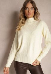 Jasnobeżowy Golf Sweter z Tłoczeniem i Ściągaczami Melovira. Brązowe swetry Renee, na zimę, bez wzorów, bez ramiączek. W wyprzedaży za 87.99 zł.