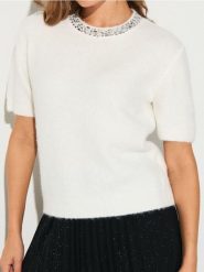 Bluzka swetrowa z domieszką wełny - kremowy. Białe bluzki Sinsay, l, bez wzorów, z wełny, bez kołnierzyka, bez ramiączek. Za 49.99 zł.