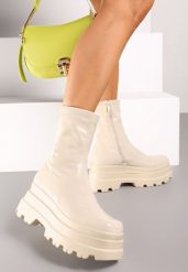 Beżowe Botki Lakierowane na Platformie Neniefra. Brązowe botki Renee, bez wzorów, z jeansu, eleganckie, bez obcasa, na platformie, bez zapięcia. Za 149.99 zł.