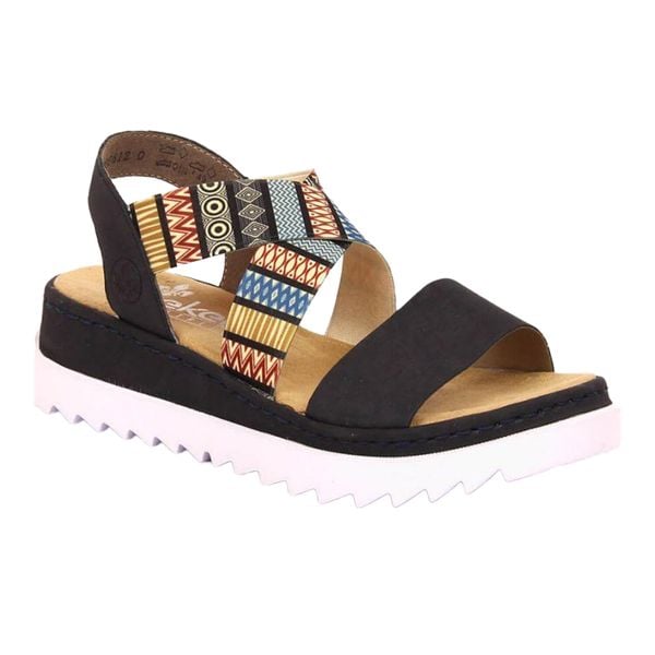 Sandały Damskie RKR533A. Czarne sandały Rieker, bez wzorów, z syntetyku, z otwartym noskiem, bez obcasa, na platformie, bez zapięcia. Za 458.99 zł.