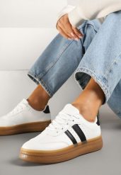 Białe Sneakersy Tenisówki Ozdobione Paskami i Perforacją Jenadira. Białe trampki Renee, bez wzorów, z jeansu, klasyczne, bez zapięcia. W wyprzedaży za 67.99 zł.