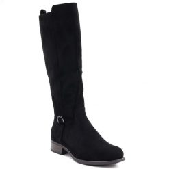 Kozaki damskie zamszowe czarne Sabatina 24160-100. Czarne kozaki Sabatina, bez wzorów, ze skóry ekologicznej, eleganckie, bez obcasa, bez zapięcia. Za 189.99 zł.