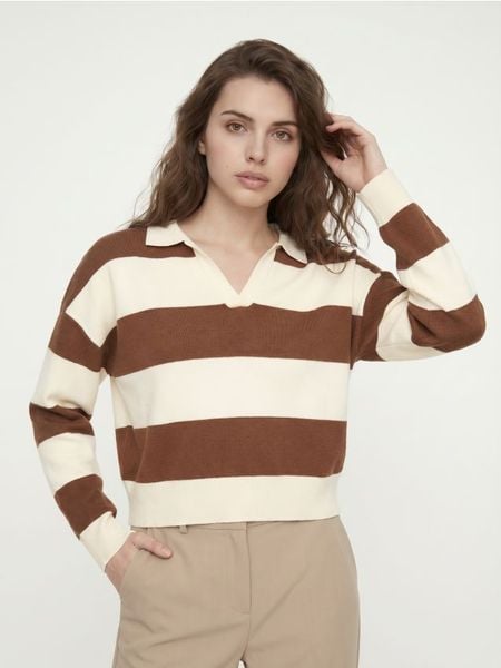 Sweter w poziome pasy, z wiskozą - brązowy. Brązowe swetry Sinsay, l, bez wzorów, z wiskozy, bez ramiączek. Za 59.99 zł.