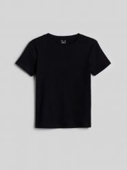 4F T-shirt slim z prążkowanej dzianiny damski - czarny L. Czarne t-shirty 4f, l, bez wzorów, z bawełny, eleganckie, bez kołnierzyka, bez ramiączek. Za 49.99 zł.