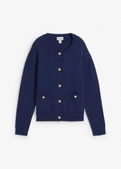 Sweter rozpinany z kieszeniami. Niebieskie swetry bonprix, bez wzorów, bez ramiączek. Za 77.99 zł.