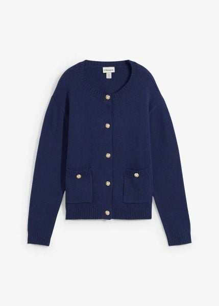 Sweter rozpinany z kieszeniami. Niebieskie swetry bonprix, bez wzorów, bez ramiączek. Za 77.99 zł.
