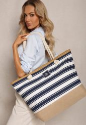 Beżowo-Granatowa Jednokomorowa Torebka Shopperka na Ramię Ozdobiona Plecionką i Sznurkami Renneli. Brązowe torebki klasyczne Renee, bez wzorów, eleganckie, na ramię, bez dodatków. W wyprzedaży za 39.99 zł.