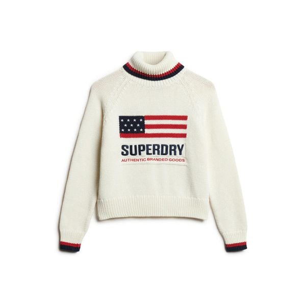 Damski sweter z golfem Superdry Americana. Białe swetry Superdry, na jesień, m, bez wzorów, z bawełny, eleganckie, bez ramiączek. Za 419.45 zł.