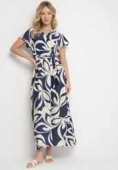 Niebieska Sukienka w Abstrakcyjny Wzór z Gumką w Wiązanym Paskiem w Talii Lenisel. Niebieskie sukienki Born2be, na co dzień, l, bez wzorów, eleganckie, bez kołnierzyka, bez ramiączek, maxi. W wyprzedaży za 69.99 zł.