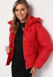 Czerwona Pikowana Kurtka Puffer z Kapturem Miviera. Czerwone kurtki Born2be, na zimę, l, bez wzorów, z dzianiny, z kapturem. Za 119.99 zł.