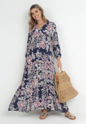 Granatowa Rozkloszowana Sukienka Oversize w Kwiaty Kylia. Niebieskie sukienki Born2be, l, bez wzorów, bez kołnierzyka, bez ramiączek, maxi, oversize. W wyprzedaży za 67.99 zł.