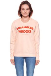 BLUZA WRANGLER DAMSKA WROCKS SWEAT PEACH PARFAIT W601OHYUD 112130375. Pomarańczowe bluzy Wrangler, xs, z aplikacjami, bez kaptura. W wyprzedaży za 69.99 zł.