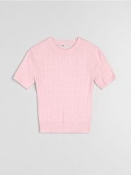 Bluzka swetrowa z prążkowanej dzianiny - różowy. Czerwone bluzki Sinsay, l, bez wzorów, z dzianiny, bez kołnierzyka, bez ramiączek. Za 39.99 zł.