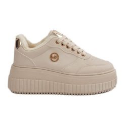 Sneakersy Buty Sportowe Damskie Ocieplane Na Masywnej Podeszwie Beżowe Ardiela beżowy. Brązowe buty treningowe bez wzorów, ze skóry, bez zapięcia. Za 205.59 zł.