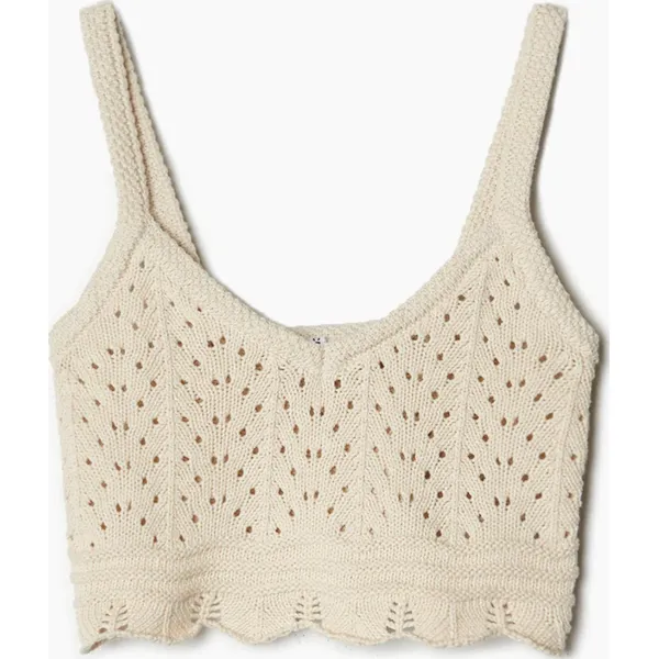 Ażurowy top - Beżowy. Brązowe topy Cropp, l, w ażurowe wzory, z bawełny, bez kołnierzyka, bez ramiączek. W wyprzedaży za 19.99 zł.