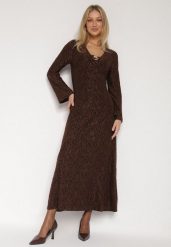 Brązowa Brokatowa Sukienka w Zebrę o Rozkloszowanym Kroju z Długim Rękawem Mevenna. Brązowe sukienki Born2be, na co dzień, l, bez wzorów, eleganckie, bez kołnierzyka, bez ramiączek, proste. Za 169.99 zł.