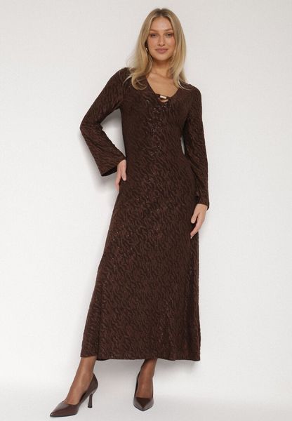 Brązowa Brokatowa Sukienka w Zebrę o Rozkloszowanym Kroju z Długim Rękawem Mevenna. Brązowe sukienki Born2be, na co dzień, l, bez wzorów, eleganckie, bez kołnierzyka, bez ramiączek, proste. Za 169.99 zł.