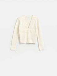 Kardigan z koronką - złamana biel. Swetry Reserved, l, bez wzorów, z dzianiny, bez ramiączek. Za 139.99 zł.