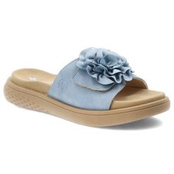 Niebieskie Klapki Rieker Wygodne Obuwie Damskie Z Kwiatem. Niebieskie klapki Rieker, bez wzorów, bez obcasa, bez zapięcia. Za 287.90 zł.
