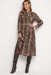 Brązowa Wiskozowa Sukienka w Wężowy Wzór o Koszulowym Kroju z Elastycznym Paskiem Rinnosia. Brązowe sukienki Born2be, do pracy, l, bez wzorów, z jeansu, biznesowe, bez kołnierzyka, bez ramiączek, dopasowane. Za 109.99 zł.