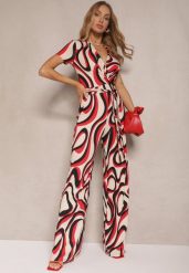 Czerwony Kopertowy Kombinezon z Wiązanym Paskiem w Abstrakcyjny Print Saralen. Czerwone sukienki Renee, na co dzień, l, bez wzorów, eleganckie, bez kołnierzyka, bez ramiączek, mini, kopertowe. W wyprzedaży za 119.99 zł.
