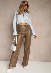 Jasnobrązowe Szerokie Spodnie High Waist z Imitacji Skóry Curbelo. Brązowe jeansy Renee, l, bez wzorów, z jeansu, z podwyższonym stanem. W wyprzedaży za 103.99 zł.