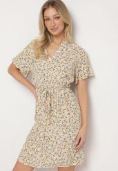 Beżowa Sukienka w Kwiaty z Paskiem Cleza. Brązowe sukienki Born2be, na co dzień, l, bez wzorów, eleganckie, bez kołnierzyka, bez ramiączek, midi. Za 69.99 zł.