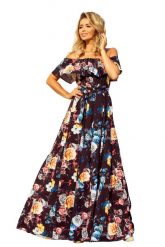Czarna Kwiecista Maxi Sukienka z Hiszpańskim Dekoltem. Czarne sukienki NUMOCO, s, bez wzorów, z materiału, bez kołnierzyka, bez ramiączek, maxi. Za 419.90 zł.