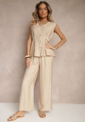Beżowy Komplet Spodnie i Bluzka z Regulacją w Talii Zapinana na Guziki Dovanelle. Brązowe bluzki Renee, l, bez wzorów, eleganckie, bez kołnierzyka, bez ramiączek. W wyprzedaży za 87.99 zł.