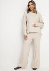 Jasnobeżowy Dzianinowy Komplet z Wiskozą Szerokie Spodnie i Sweter z Aplikacjami Miozara. Brązowe swetry Born2be, uniwersalny, z aplikacjami, z dzianiny, eleganckie, bez ramiączek. Za 199.99 zł.