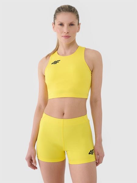 4F Biustonosz treningowy ze średnim wsparciem damski - żółty XXL. Żółte biustonosze sportowe 4f, bez wzorów, z dzianiny, do biegania. Za 129.99 zł.