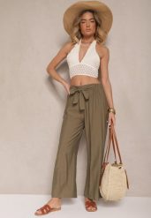 Ciemnozielone Spodnie z Wiskozy o Szerokim Kroju z Kokardą Ellioria. Zielone jeansy Renee, l, bez wzorów, z jeansu, eleganckie. W wyprzedaży za 29.99 zł.