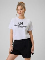 4F T-shirt boxy z nadrukiem damski - szary XL. Szare t-shirty 4f, uniwersalny, bez wzorów, z bawełny, bez kołnierzyka, bez ramiączek. Za 69.99 zł.