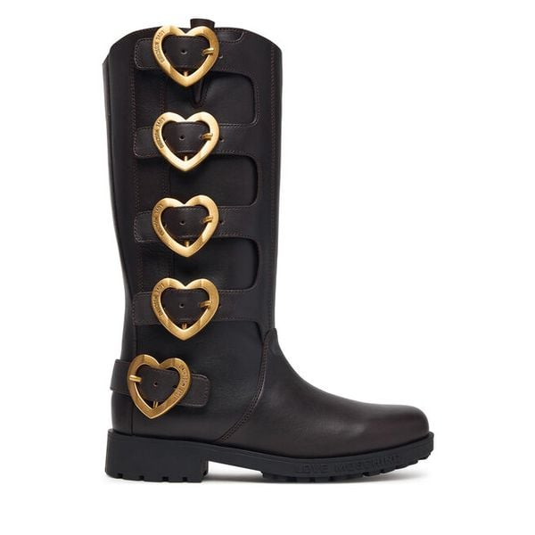 Kozaki LOVE MOSCHINO. Brązowe kozaki Love Moschino, bez wzorów, bez obcasa, na płaskiej podeszwie, bez zapięcia. Za 1,669.00 zł.