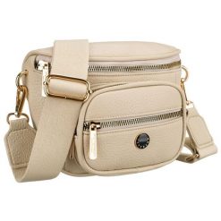 Saszetka damska w beżowym kolorze wykonana ze skóry ekologicznej, zamykana suwakiem - Peterson. Brązowe nerki i saszetki Peterson, bez wzorów, ze skóry ekologicznej, bez dodatków. Za 71.99 zł.