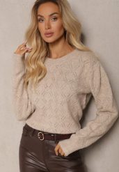 Beżowy Sweter w Klasycznym Stylu z Tłoczonym Wzorem Deriel. Brązowe swetry Renee, bez wzorów, z jeansu, casualowe, bez ramiączek. W wyprzedaży za 119.99 zł.