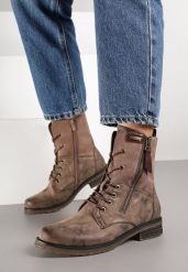 Brązowe Botki Workery ze Sznurowaniem i Zapięciem na Suwak Vemida. Brązowe botki Born2be, bez wzorów, z jeansu, eleganckie, bez obcasa, na płaskiej podeszwie, bez zapięcia. Za 149.99 zł.