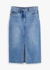 Spódnica dżinsowa z rozcięciem. Niebieskie spódnice bonprix, bez wzorów, eleganckie, midi. Za 124.99 zł.