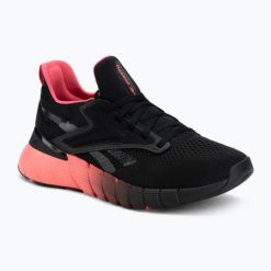 Buty treningowe damskie Reebok Nano Gym. Czarne buty treningowe Reebok, bez wzorów, z materiału, bez zapięcia, na fitness i siłownię. Za 399.99 zł.