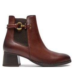 Botki Marco Tozzi. Brązowe botki Marco Tozzi, bez wzorów, bez obcasa, na słupku, bez zapięcia. Za 239.99 zł.