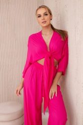 Komplet z wiskozy bluzka wiązana u dołu + spodnie różowy. Czerwone bluzki KESI, l, bez wzorów, z dresówki, eleganckie, bez kołnierzyka, plus size, bez ramiączek. Za 217.48 zł.